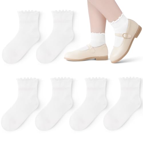 6 Pairs White Girls Ruffle Socks Toddler Kids School Uniform Soft Cotton Frilly Dress Socks Seamless Toe