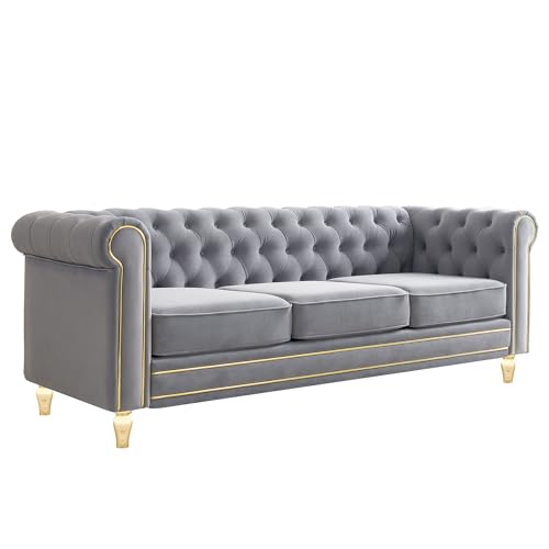 Image of KEIKI 85 inch Chesterfield Velvet Tufted Button Sofa with Deep Seat Cushions and Rolled Arms, Modern 3-Seater Couch Decorated with Gold Strip, Easy Assembly, for Living Room, Bedroom, Office, Light Grey