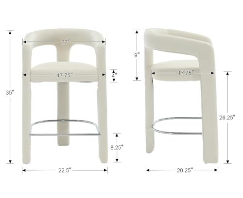 Image of HNY Modern Barrel Bar Stools Set of 2, 26 Inch Upholstered Velvet Counter Height Barstools with Open Back and Armrests, for Kitchen Island, Home Bar, Dining Room, No Assembly, Cream