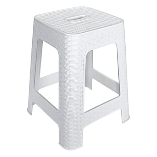 AC - Taburete de plástico Rattan con asa y Asiento de 28 x 28 cm - Imitación de Mimbre, banqueta Multiusos, Cocina - Fabricado en España (Blanco - 45,5 x 36,7 x 36,7 cm)