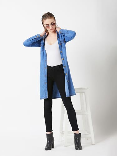 Image of Miss Chase Women's Polo Neck Full Sleeves Patch Pocket Denim Overcoat Knee-Length Jacket