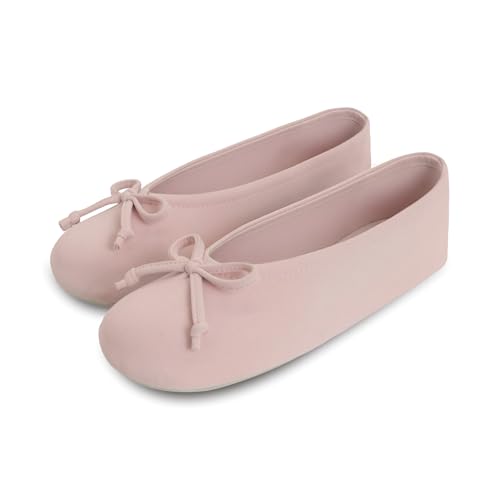 Image of Isotoner Women's Stretch Ballerina Slippers Soft House Shoes with 4 Way Stretch Fit, Bow Detail & Leather Sole