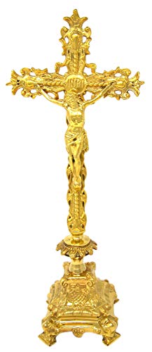 Religious Gifts Jesus Christ Cross Polished Solid Brass Standing Crucifix for Church, 17 Inch