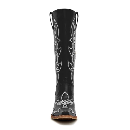 Image of Uillnoodu Women's Turquoise Cowgirl Boots - Wide Calf Mid Calf Western Boots Plus Size Embroidered Cowboy Style with Block Heel