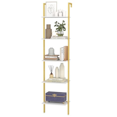 CASART 5-Tier Ladder Shelf, Wall Mounted Bookshelf Display Rack, Metal Frame Open Storage Shelving Unit Plant Stand Bookcase for Living Room Bedroom Kitchen Office (43 x 30 x 178cm)