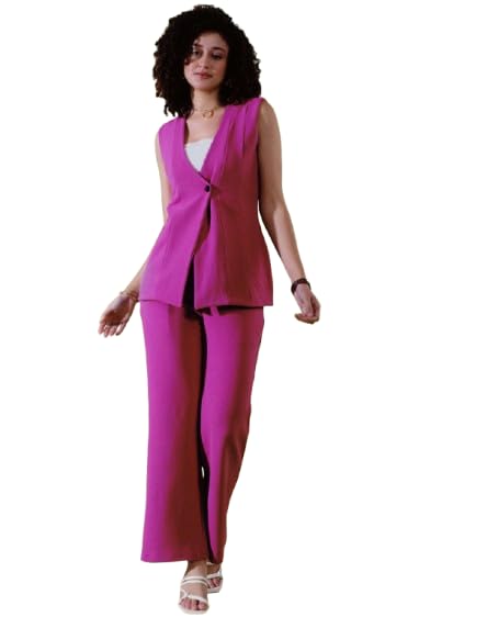 Women’s Sleeveless Blazer with Trousers Co-Ord Set | Lycra Polyester Fabric | V Neck Formal Suit | Regular Fit | Stylish Office and Professional Wear