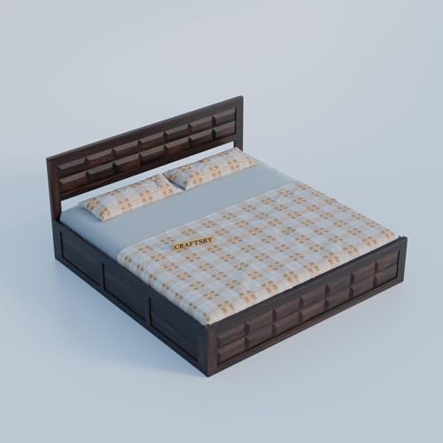 Image of Solid Sheesham Wood Queen Size Bed with Storage | Wooden Double Bed Cot for Bedroom & Home | Palang Double Bed with Designer Headboard | Walnut Finish | 81 x 62 Inch