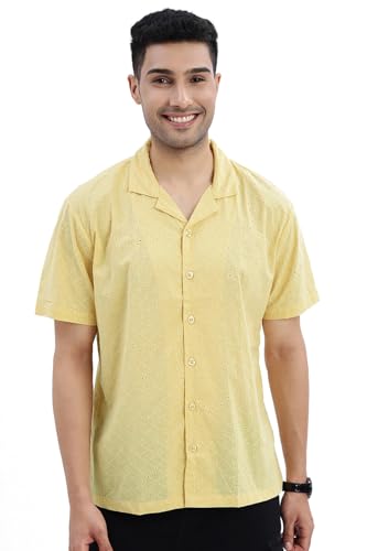 Image of SHOWOFFFF Men Solid Casual Shirt | Cuban Collar Half Sleeves Cotton Shirt for Mens | Relaxed Fit Regular Length Shirt for Men's