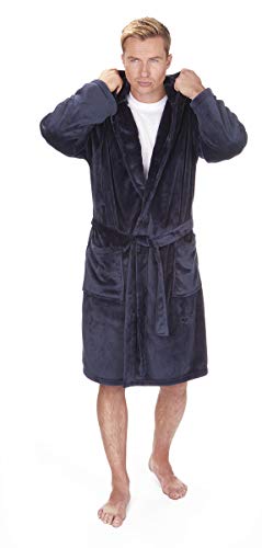 Pierre Roche Men's Fleece Hooded Robe - Winter Dressing Gown - Sizes M-2XL Navy