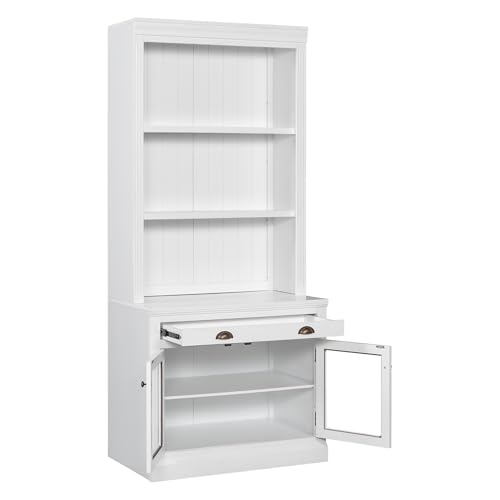 Image of 83.4 inch Tall White Bookshelf, Modern Bookcase with 2 Glass Doors and 1 Drawer,Storage Bookcase with Open Shelves for Living Room,Home Office (White+Glasses Without LED)
