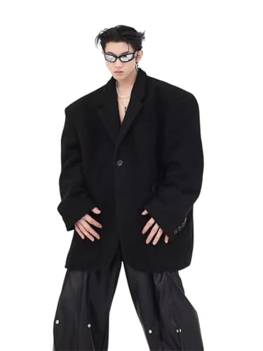 Men Oversized Casual Woolen Blazers Shoulder Pads Long Sleeve Loose Korean