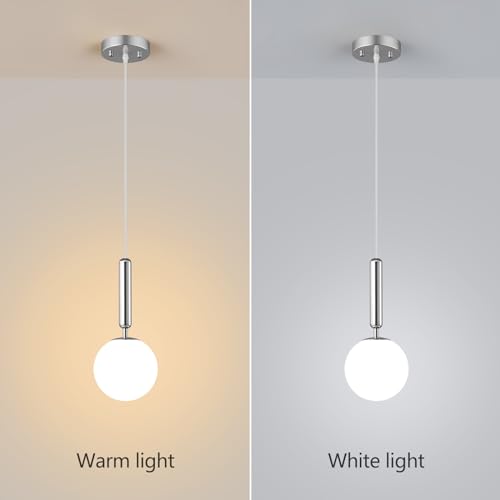 Image of Modern Hanging Light Fixture Pendant Lighting for Kitchen Island Mid Century Chrome Pendant Lights with Globe Milky White Glass Pendant Light for Bedroom Bathroom Entryway (1 Pack)