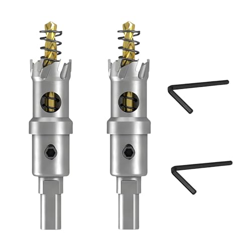 2 Pcs 7/8 Inch TCT Hole Saw Set for Hard Metal, Heavy Duty Tungsten Carbide Tipped Hole Cutting Tool with Spring-Loaded Guide Drill Bit, for Metals, Stainless Steel, Iron, Wood, Plastics