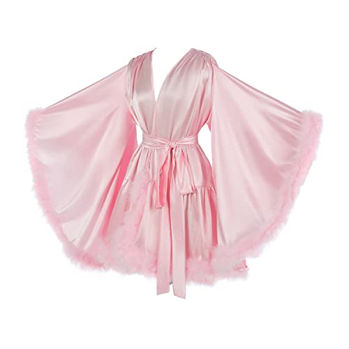 Women's Feather Bridal Robes Silk Satin Bridal Dressing Gown Sexy Illusion Lingerie Sleepwear3