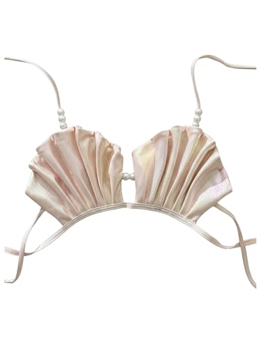 WDIRARA Womens Seashell Pleated Halter String Bikini Top Pearls Tie Backless Swim Tops Pink Medium