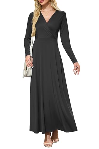 AUSELILY Womens Long Sleeve Maxi Dress 2025 Fall Dress V Neck Wrap Waist Formal Long Dresses with Pockets2