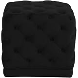 Meridian Furniture Stella Collection Modern | Contemporary Velvet Upholstered Ottoman / Stool with Deep Button Tufting and Solid Wood Frame, Black, 18' W x 18' D x 17' H