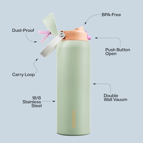 Image of Insulated Water Bottle with Straw - Encool Stainless Steel Water Bottle with Push Button Lid, Leak-Proof & BPA-Free, Keeps Cold for 24 Hours for Sports, Travel, Gym (40 oz, Geyser Green)
