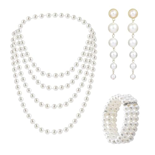 dinghaole 3 Pièces Parure de Bijoux en Perles en Plastique, 1 Collier de Perles Long, 1 Bracelet de Perles et 1 Paire de Boucles d'oreilles, pour Fête, Bal, Mariage,...