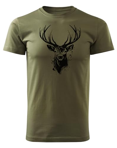 HUNT-G61 - T-Shirt Chasseur - T-Shirt Homme - en Coton, Coupe Confortable - Cadeaux de Chasse, Cadeau pour Chasseur, Garde Forestier - Vert, avec Motif Cerf - XL