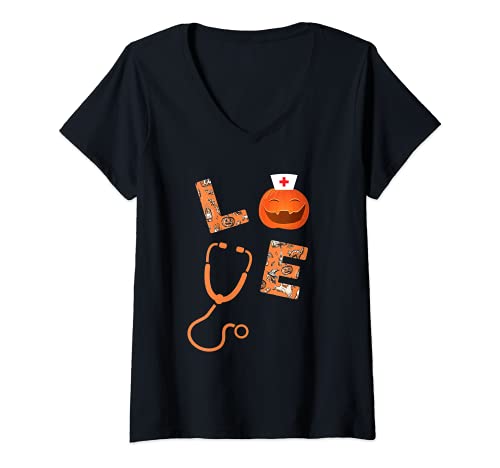 Mujer Amor Halloween Enfermera Calabaza Enfermera Estetoscopio Trabajo Médico Camiseta Cuello V