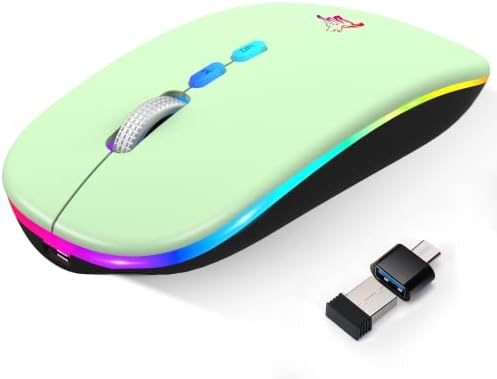 HOTLIFE Wireless Mouse Led Slim Rechargeable Bluetooth Mouse, Ergonomic Design Noiseless Mouse Portable Optical Mouse Silent Click Cordless Mouse with USB Receiver and Type C Adapter (Green)