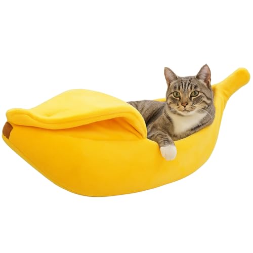 DSDESHU Banana Cat Bed for Cats & Small Dogs Funny Yellow Plush Pet Cave Comfy Indoor Hideaway for Kittens Puppies and Small Pets