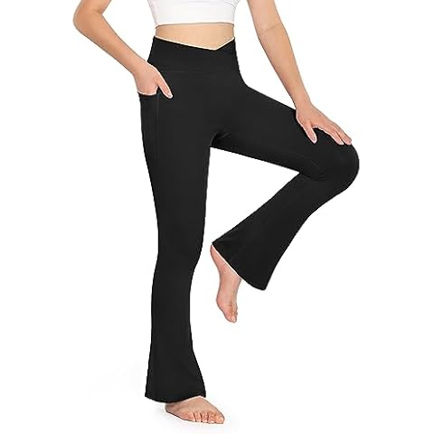 KEREDA Girls Flare Leggings High Waist V Cross Bootcut Yoga Pants Bell Bottoms for Girls with Pockets Black 13-14 Years Cover