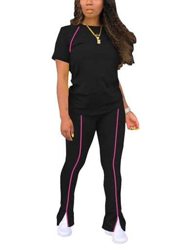 Image of STOLKISS Women 2 Piece Outfits Summer Workout Sweatsuit Striped Short Sleeve Long Flare Pants Casual Travel Tracksuit