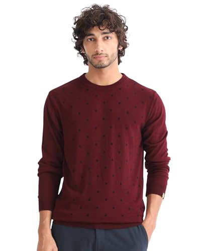 Image of Rare Rabbit Men's Flock Dark Maroon Viscose Polka Print Relaxed Fit Full Sleeve Crew Neck Sweater