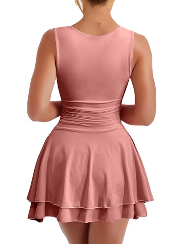 Image of Kaximil Women's Square Neck Ruffle Hem Mini Dress Ruched Waist Short Party Dresses