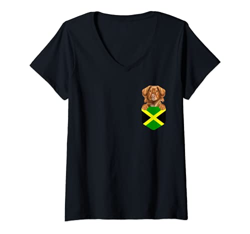 Womens Jamaica Flag Duck Tolling Retrievers Dog In Pocket V-Neck T-Shirt, Black