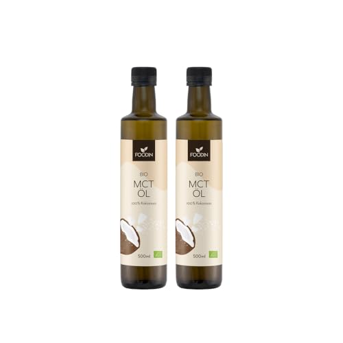 FOODIN Aceite MCT BIO 1000 ml de aceite de coco 100%, triglicéridos de cadena media (MCT), fabricado con coco producido, 100% libre de gluten y vegano, (2 x 500 ml), ideal para nutrición cetogénica