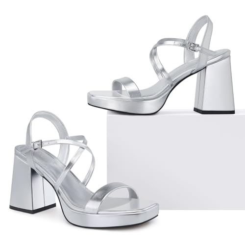 Image of CELLENZ Women Chunky Platform Heels: 3.9 Inch High Heel Prom, Wedding, Party, Square Open Toe Heeled Sandals, Strappy Comfortable Sexy Dressy Shoes