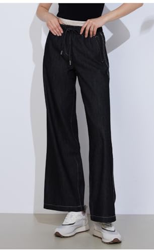 Wide Leg Denim 100% Cotton Pants, Elastic Waist with Drawstring, K2197W3