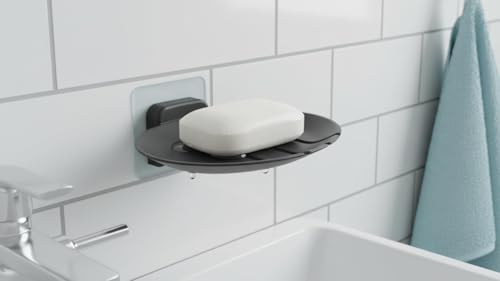 Image of KROYWEN 2Pcs Plastic Wall Mounted Soap Dish Adhesive Sponge Holder No-Drilling Soap Holder Stand for Shower, Bathroom and Kitchen (Black Soap Dish, 2)