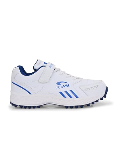 Image of Pro ASE Lightweight Cricket Shoes - Durable & Comfortable | Ideal for Turf, Ground & Hard Surfaces | Allrounder Design with Studs, Velcro & Superior Grip | White, Blue, Grey