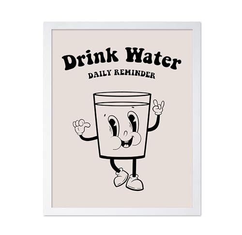 Poster Master Drink Water Poster - Retro Daily Reminder Print - Funky Art - Health & Water Design - Black Preppy Design - Trendy Artwork - Great Kitchen or Dining Room Decor - 11x14 White Framed