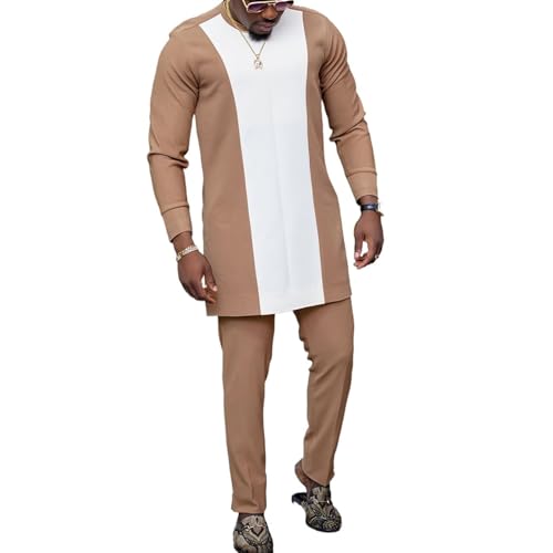 Afrikaans Formele Outfit Voor Heren Overhemd en Broek Tweedelig Pak Traditionele Kleding Dashiki met Lange Mouwen Slim Fit Etnische Kleding(Brown,4XL)