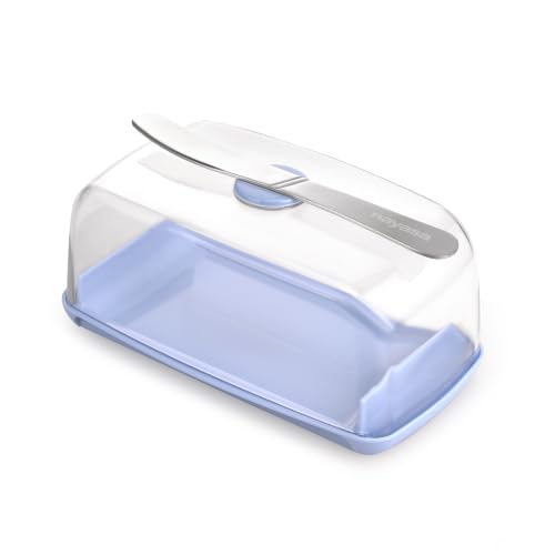 Image of Nayasa Smart Transparent Butter Dish with Lid & Butter Knife | BPA-Free Food Grade Plastic Butter Storage Container | Easy to Clean Butter Keeper for Butter, Cheese & Table Serving | Blue