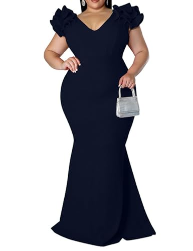 Image of Ekaliy Women's Plus Size Maxi Dress Elegant V-Neck Ruffle Sleeves Bodycon Mermaid Evening Gown