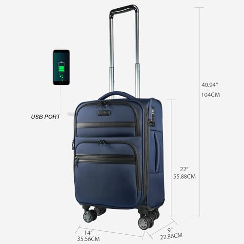 kroser softside expandable carry on luggage with spinner wheels amp built-in tsa lock durable suitcase rolling luggage with usb port carry-on 20-inch navy