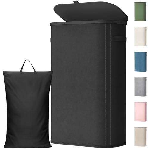 Image of Lifewit Slim Laundry Basket with Lid, Narrow Large Laundry Hamper with Plastic Handles and Removable Bag, Tall Foldable Dirty Clothes Hampers for Laundry Room, Bedroom, Bathroom, Dorm, 65L Black