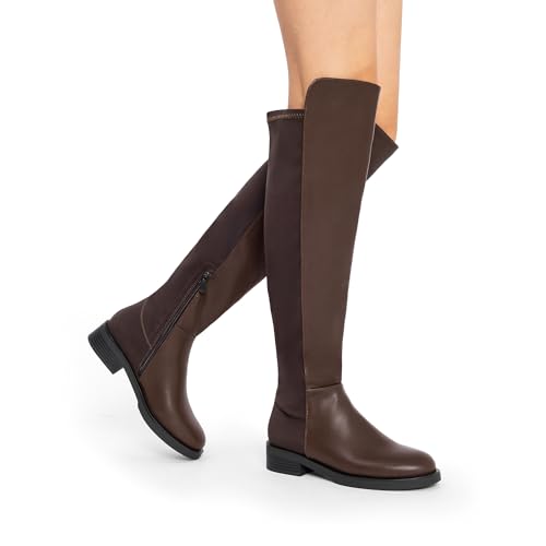 DREAM PAIRS DREAM PAIRS Women's Knee High Boots, Comfortable Thigh High Daily Low Flat Heel Boots,Size 6,Brown-Pu,SDOB2409W
