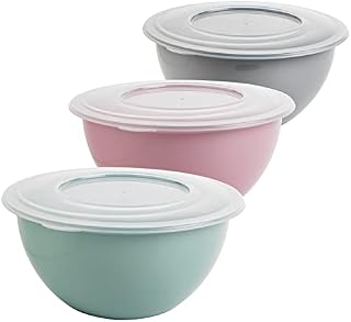 Miska z pokrywką 5 l, miska do sałatki, miska do mieszania, tworzywo sztuczne (PP), nie zawiera BPA, kolor: jasnoszary, pastelowy różowy i pastelowy zielony, przezroczysta pokrywka 5 litrów, Ø 28 cm, wysokość 13,5