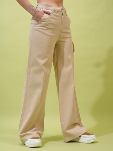 Image of Tokyo Talkies Pure Cotton Flared Wide Leg Trousers | Mid-Rise with Side Pockets|Casual Pants