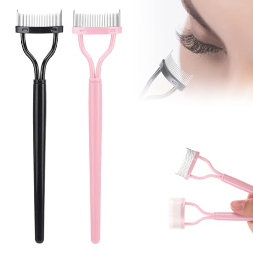 Eyelash Comb Eyelash Separator Tool Arc Designed Eyelash Comb Separator Eyelash Brush Separator With Metal Teeth Eyelashes Grooming Tool for Eye Cosmetic Brush Tool (Black+Pink 2pcs)
