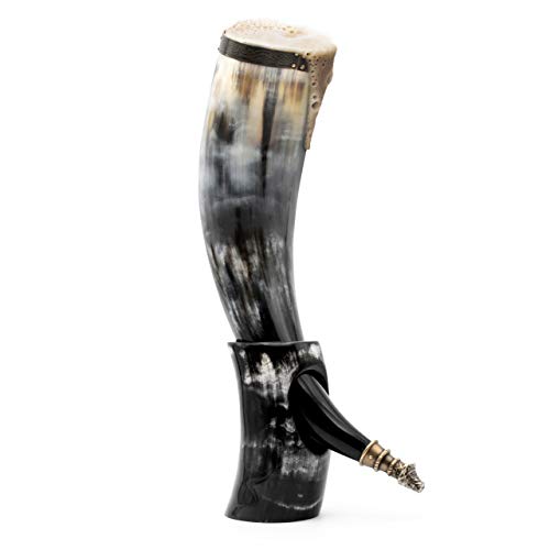 Norse Tradesman Genuine 20" Ox-Horn Viking Drinking Horn With Horn Stand & Brass Wolf Adornments | Burlap Gift Sack Included | "The Fenrir", Polished, 20-Inch