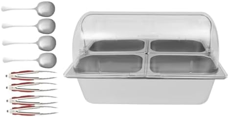 Countertop Ice Food Serving Display Container - Stainless Steel Buffet Condiment Dispenser with Clear Roll Top Cover, Includes 4 Pans, 4 Clamps, 4 Spoons for Salad Dressings and Appetizers