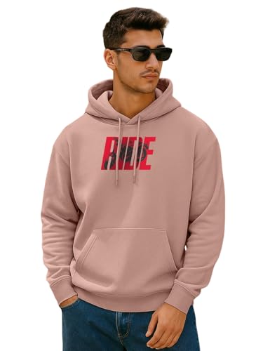 Image of Veirdo Polycotton Spun Oversized Fit Hooded Sweatshirt Full Sleeves Front Chest Graphic Printed Drop Shoulder Jumper Hoodie for Men (Colors: Blue, Black, Gray, Smoke Pine & Peach)